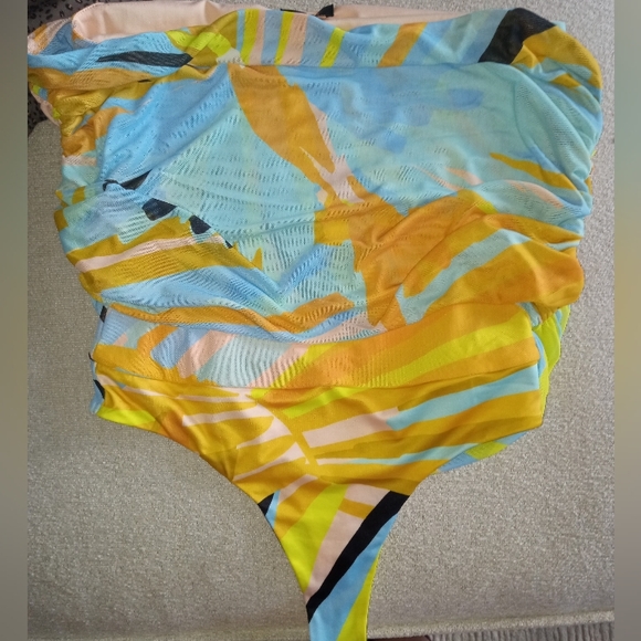NWT, AFRM Asymmetrical Ruched Yellow and Blue Bodysuit, Size Medium - Picture 2 of 3